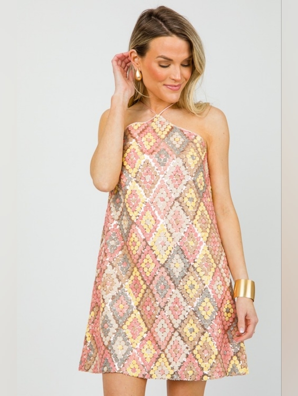 Sequin Halter Mini Dress in Pink, Yellow and Cream